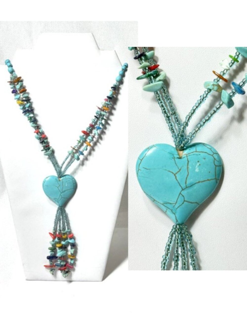 Continuous 28" natural stone and faux stone and bead turquoise heart necklace.